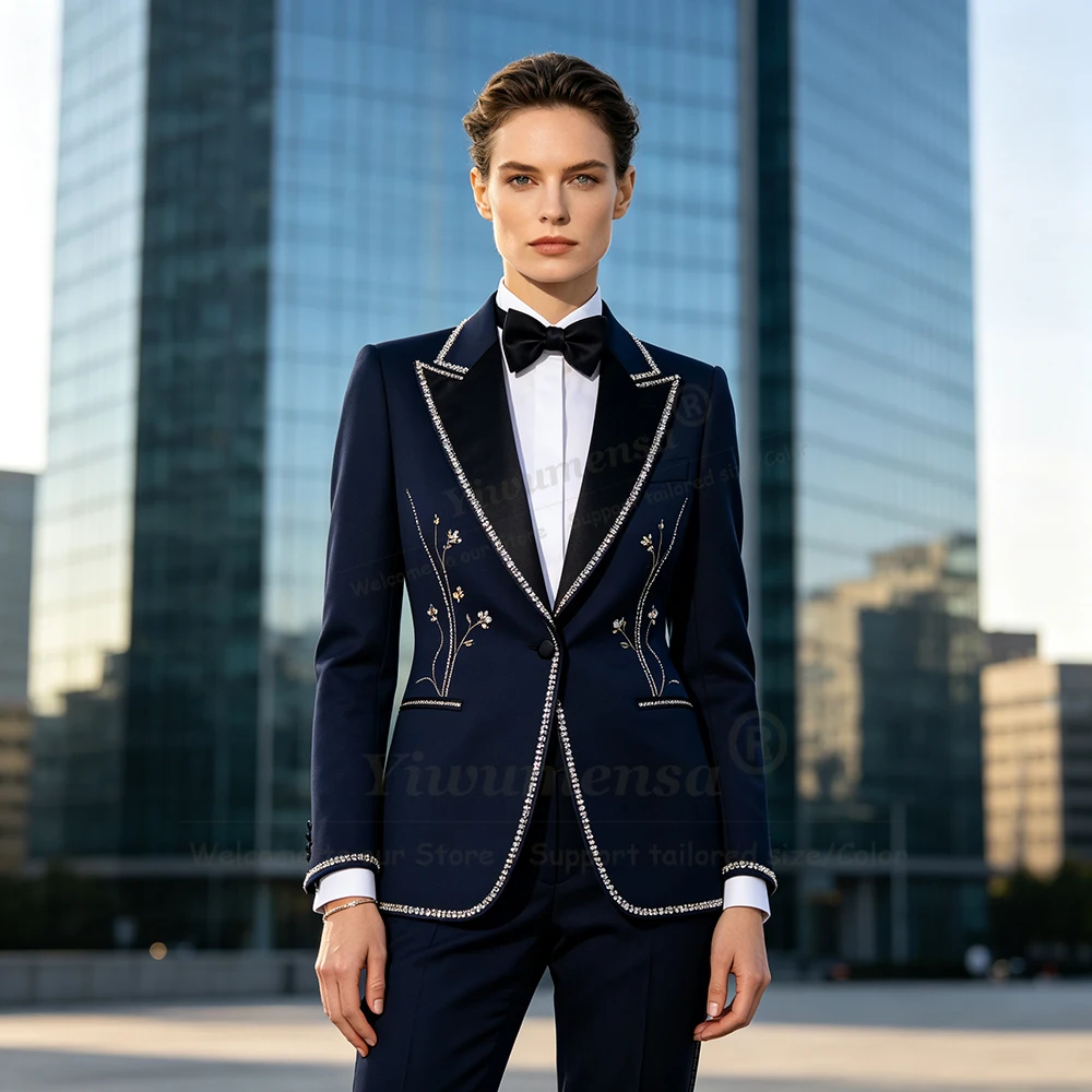 Брючные костюмы 2 Pieces Women Suits Beaded Stones Jacket Pants Slim Fit Lady Business Party Tuxedo Customized Female Clothing