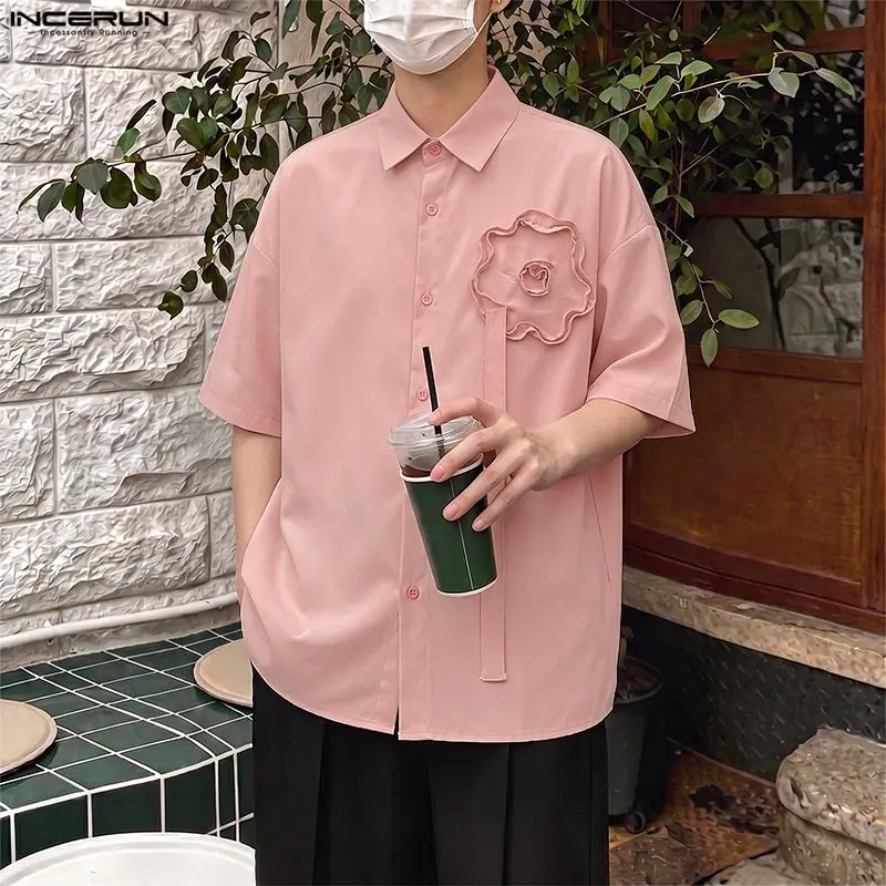 INCERUN Men's Shirt Solid Color Lapel Short Sleeve Flower Casual Men Clothes Summer Korean Style Streetwear Fashion Tops For Man