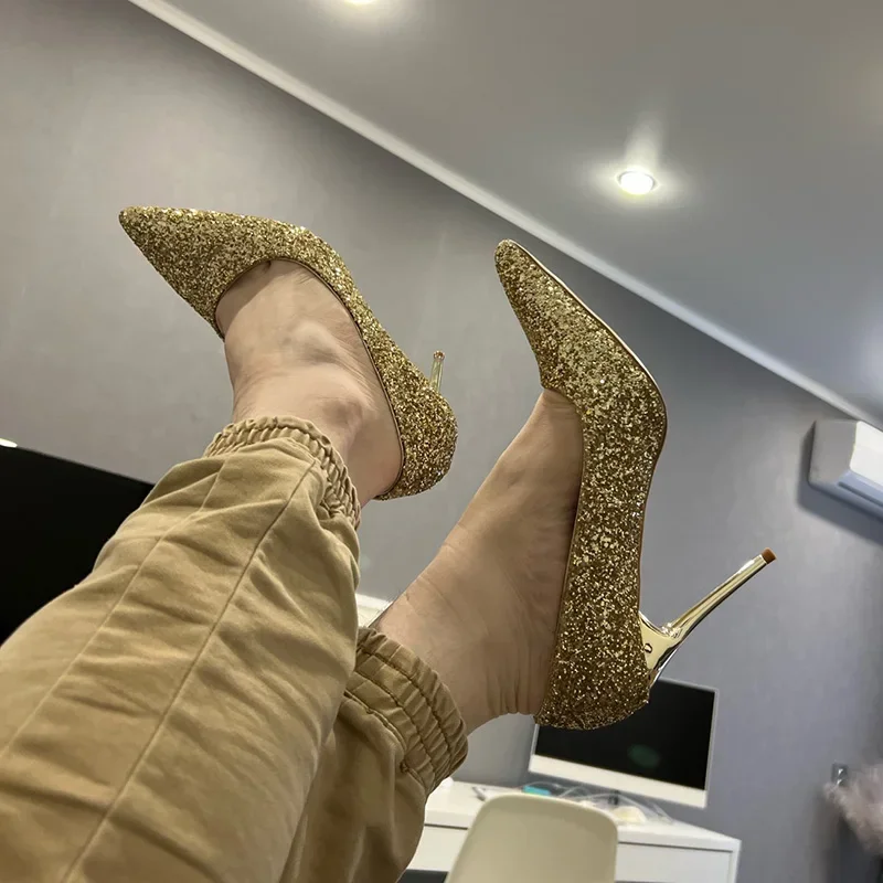 Kobiety 7cm 9.5cm Wysokie obcasy Czółenka Ślubne Scarpins Sparkly Mid Low Heels Lady Sequins Glitter Evening Gold Silver Fashion Shoes