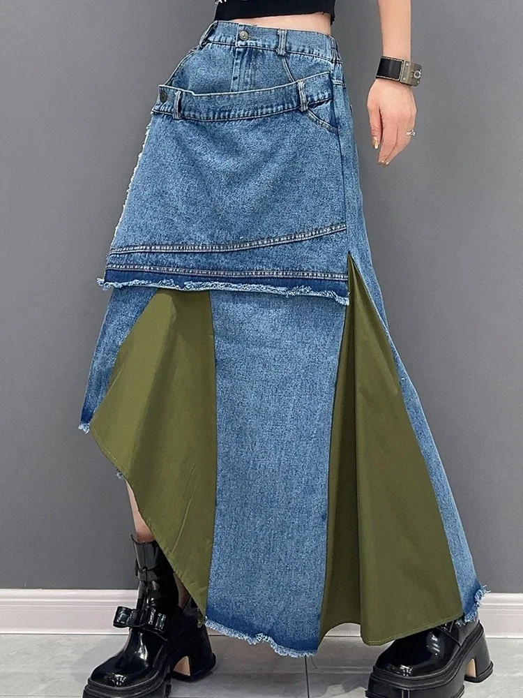 2024 Summer New Korean Fashion Elegant Leisure Denim Stitching Irregular Model Skirt High Waist Slim Streetwear Women's Skirt