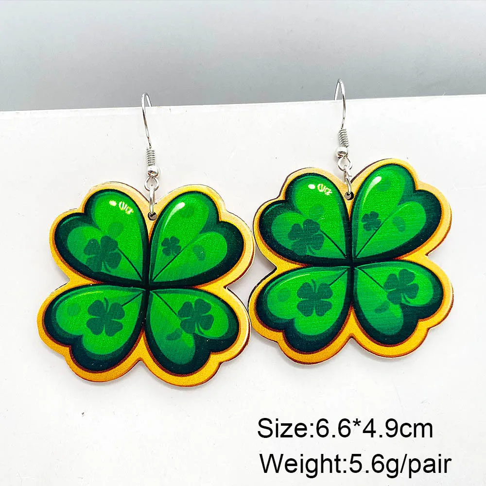 New St. Patrick's Day Wooden Earrings Clover Lucky Grass Gold Umbrella Dwarf Earrings Irish Green Festival Decorative Gift