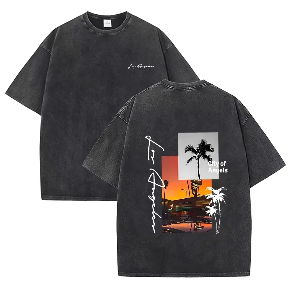 Retro Acid Wash Oversized T-shirt Front Back LA City of Angels Coconut Tree Scenery Graphic Casual Tops Asian Size