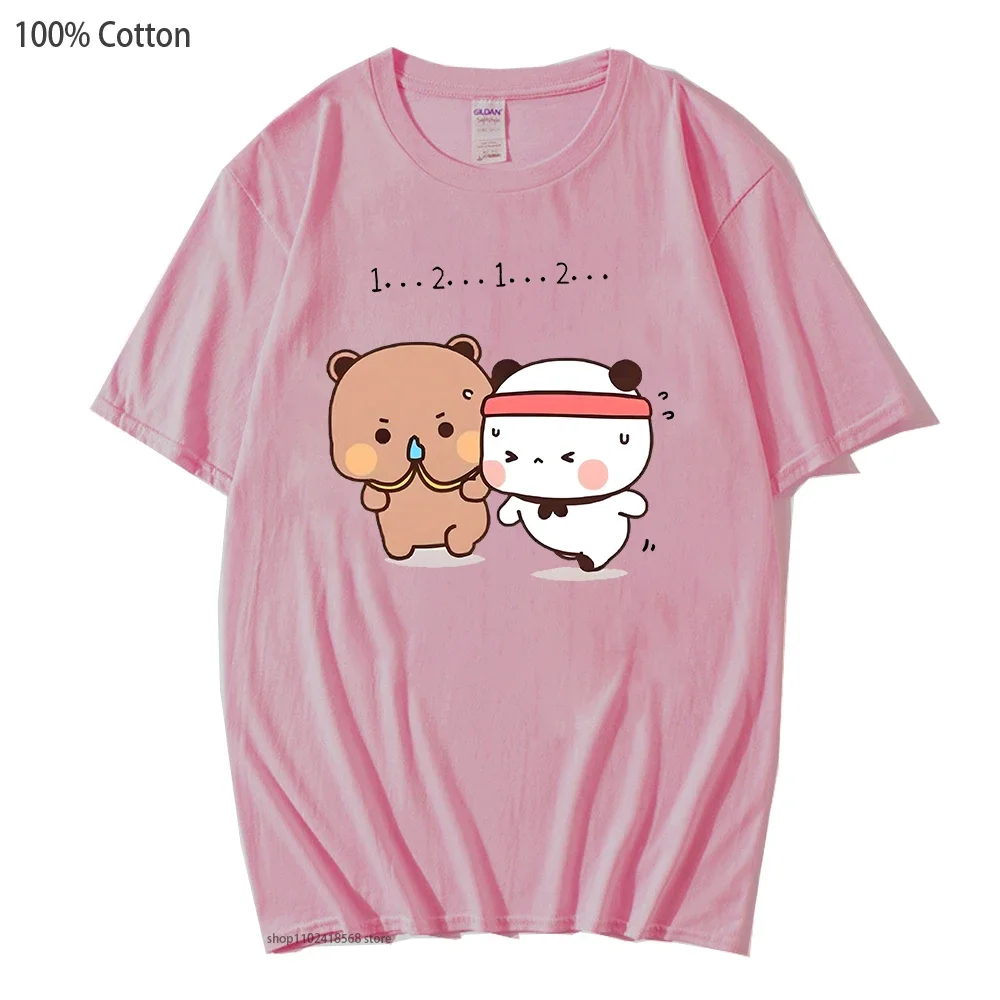 Women Kawaii Panda Bear T-Shirts Cute Couple Bubu and Dudu Are Doing Exercise Tshirt Girls Short Sleeve 100% Cotton Clothes Men