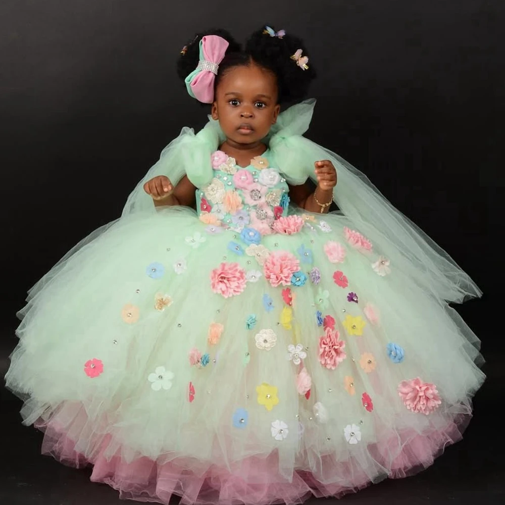 Adorable Flowers Kids Tutu Dress Pretty 3D Florals Bow Birthday Party Dresses For kids Extra Puffy Mesh Long Girls Prom Gowns