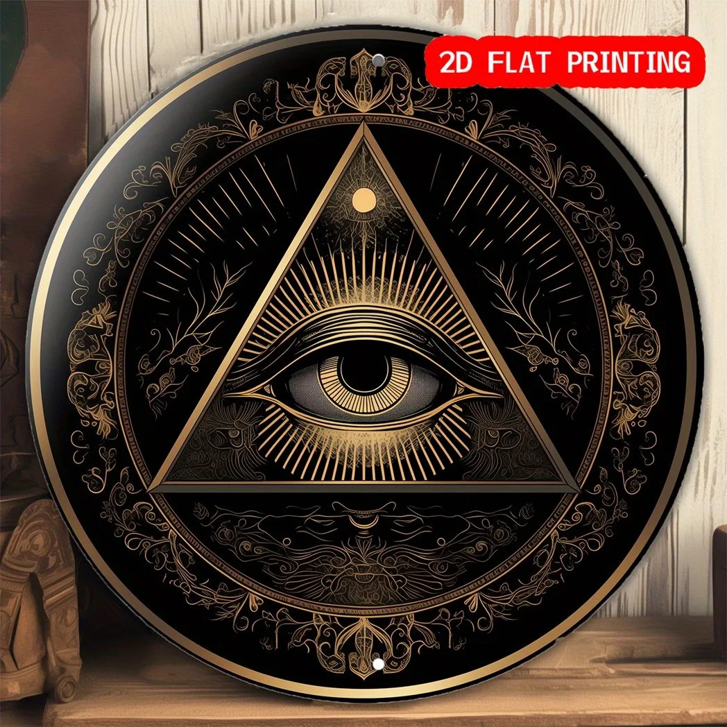 All-Seeing Eye Mystic Black Gold Round Tin Sign, 1pc 2D Flat Occult Esoteric Decor Metal Wall Plaque, 20x20cm Gothic Room Wall A