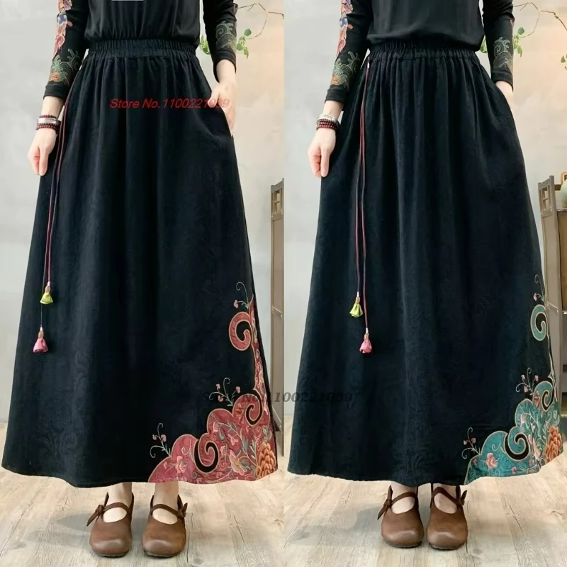 

2025 chinese improved skirt national flower embroidery ethnic cotton linen jacquard skirt oriental traditional folk a-line skirt