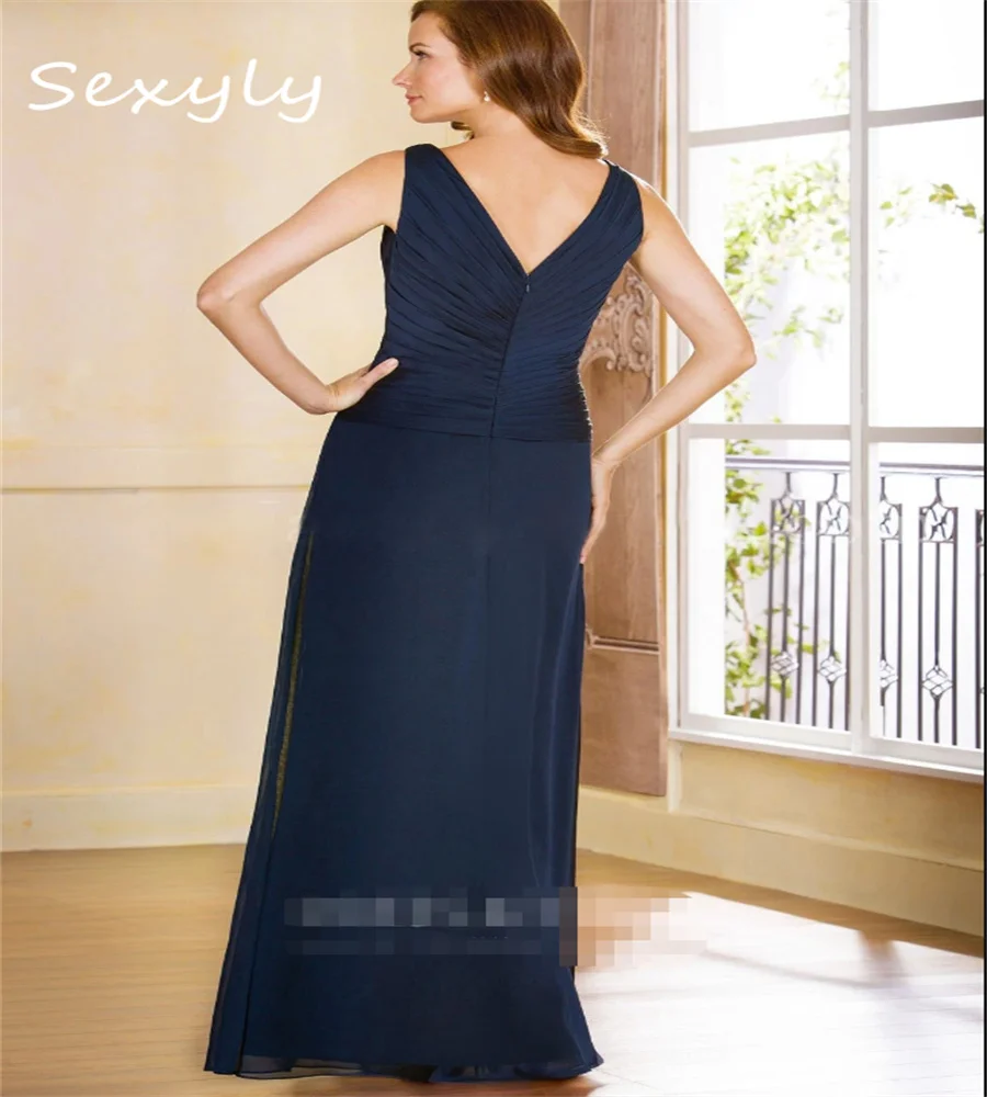 Elegant Navy Blue Two Pieces Mother Of The Bride Dress With Jacket Elegant Chiffon Wedding Guest Formal Evening Dress V Neck