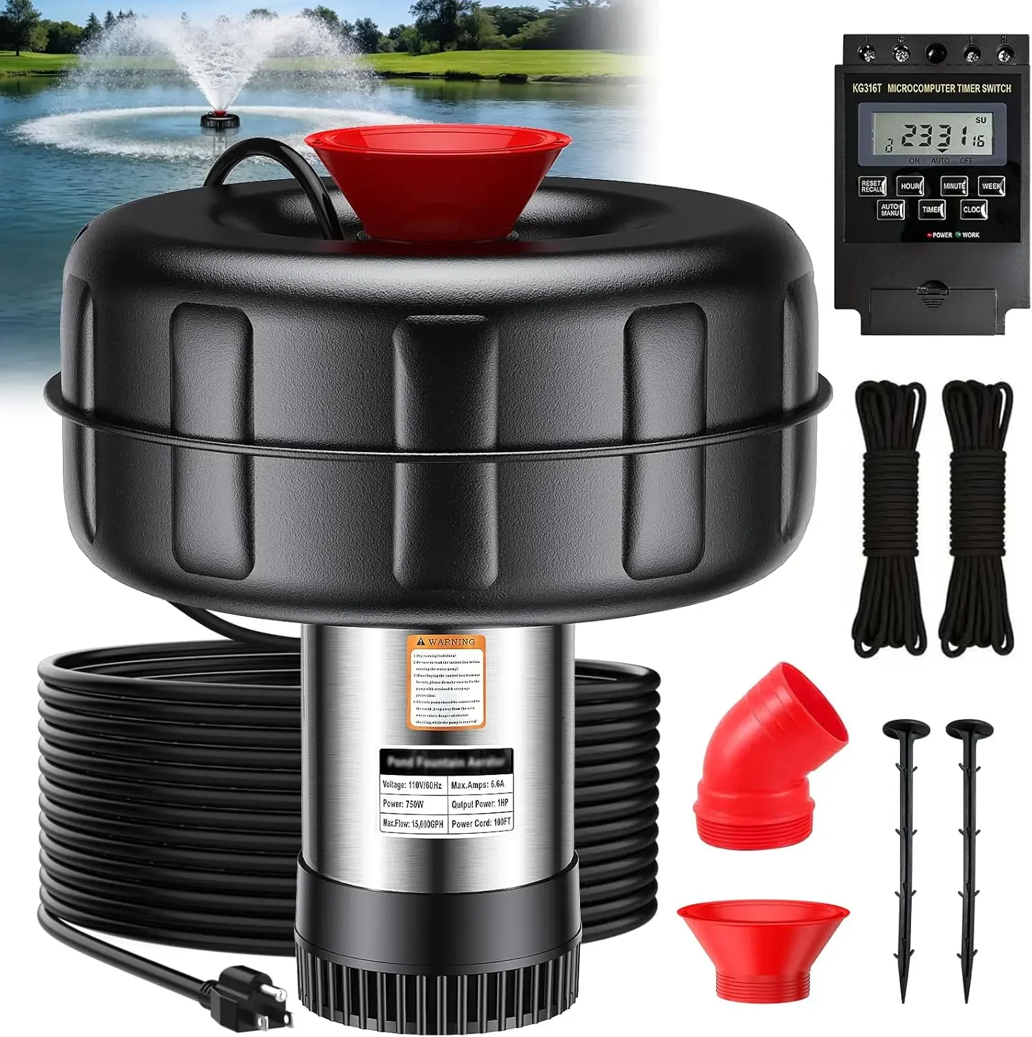 

1HP Floating Pond Fountain Aerator 15000 GPH Pump 100FT Power Cord 2x100FT Traction Rope Timer Automatic Water Circulation