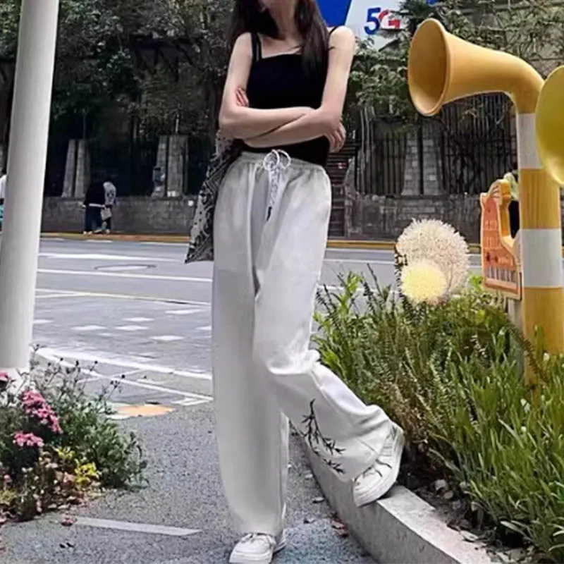 

Solid color new Chinese large size national style sports pants women's autumn thin loose straight leg casual wide leg pants