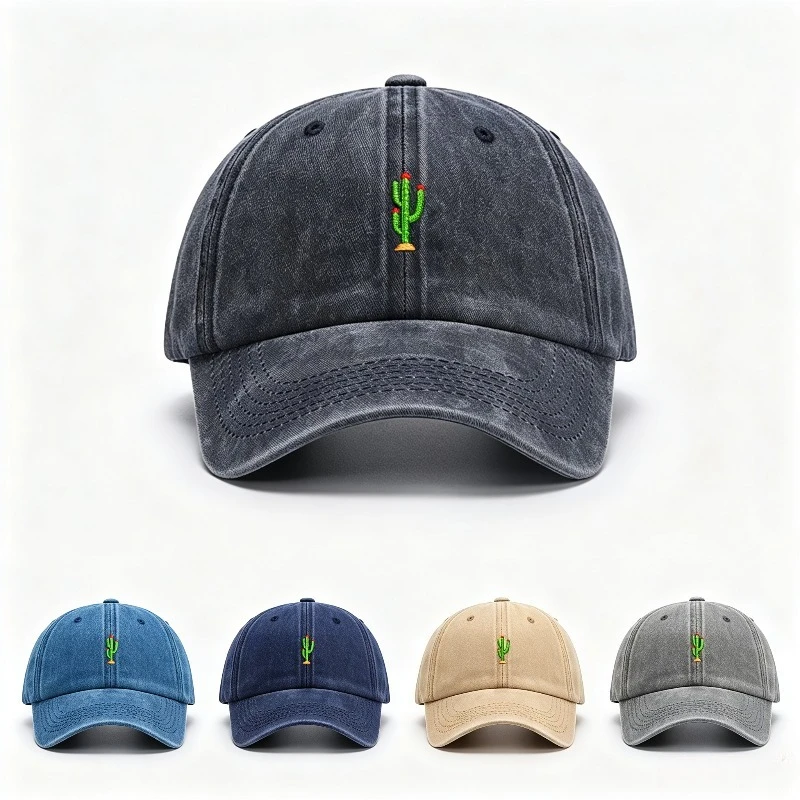 Cactus Embroidery Washed Distressed Baseball Cap Vintage Dad Hat Adjustable Curved Brim Sun Hat Unisex Casual Outdoor Sports Cap