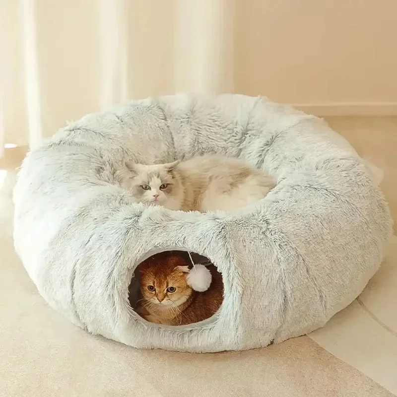 

Plush Cat Bed with Tunnel for Indoor Cats Multifunctional Cat Tunnel Bed with Donut Cat Bed with Tunnel Peephole Fluffy