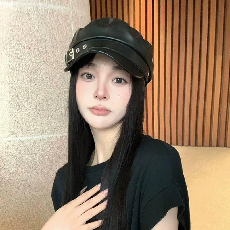 قبعة فنان عتيقة للنساء من جلد البولي يوريثان مع قبعة رسام بإبزيم قابل للتعديل للجنسين، أغطية رأس قوطية كاجوال للخارجية