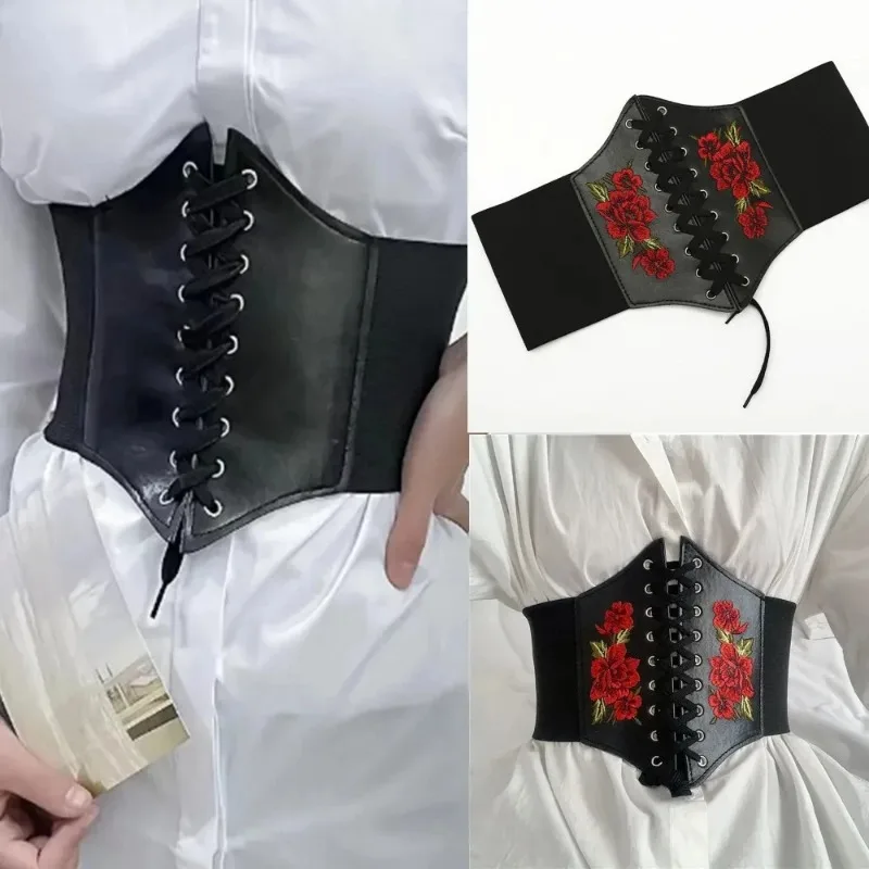 Cinturón de corsé gótico para mujer, faja con bordado de flores de PU, banda de cintura adelgazante femenina, cinturón ancho negro Vintage para niña