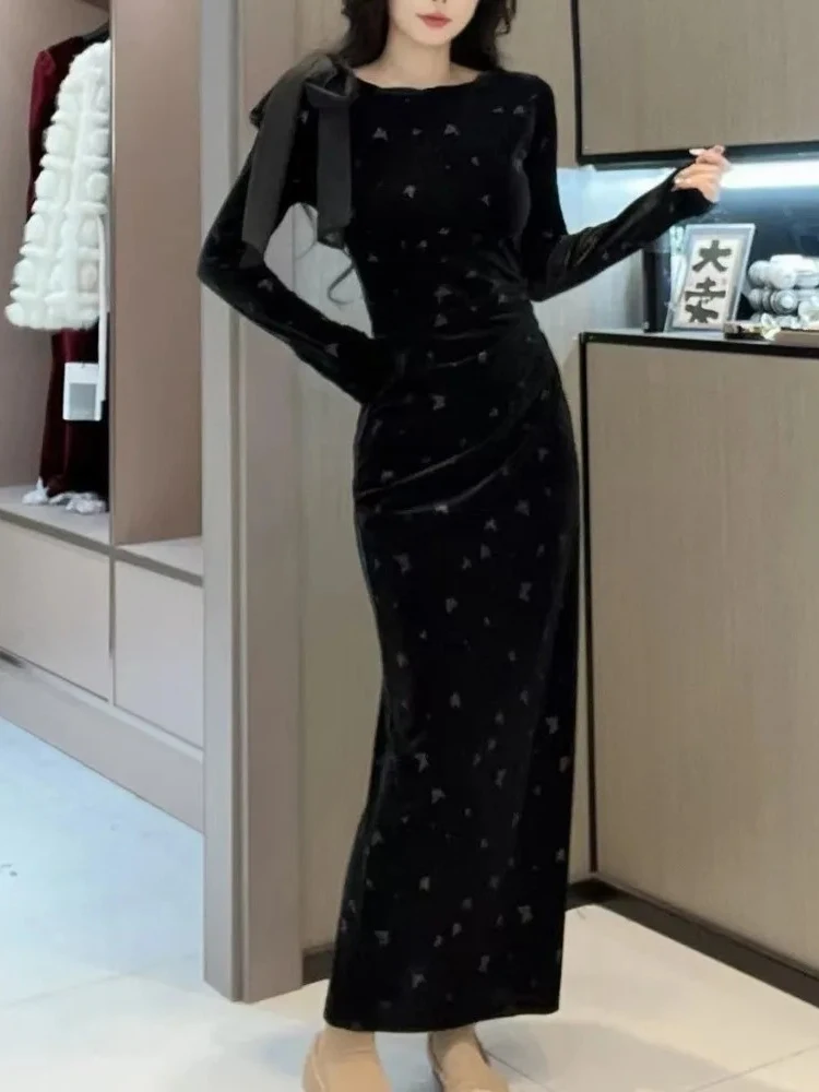 新しい長袖レースアップボディコンワンピース、プリントベルベット、エレガントでスリムなファッションローブ、ストレートベント、ルーシュドミドル丈、スイートドレス