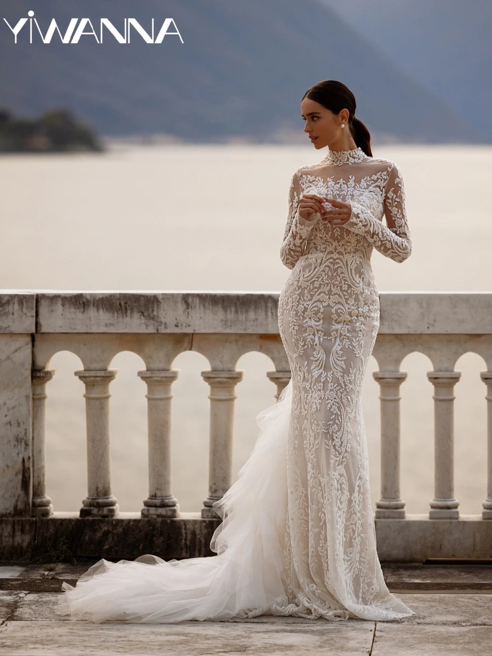 

New Arrival Shiny Beaded Appliques Wedding Dress Elegant High Collar Bridal Gown Customized Mermaid Long Dresses For Bride