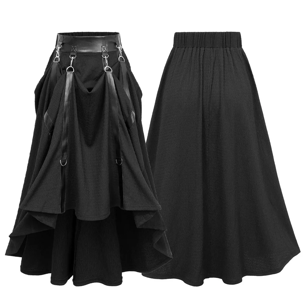 

ROSEGAL Gothic PU Striped O-ring Buckle Textured Plisse Skirt 2025 Women New Black Punk Cosplay Costume Midi Skirts
