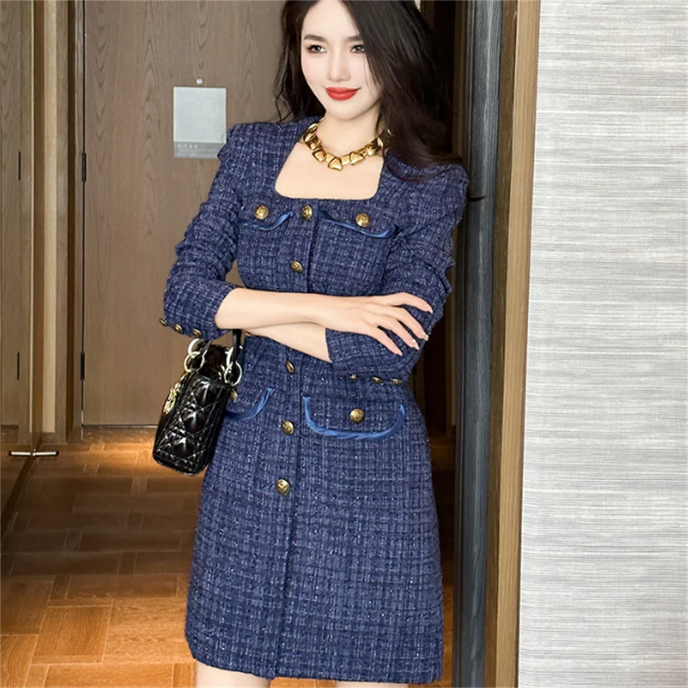 

new women tweed dress thin A-shaped Square collar veatido de fiesta elegante