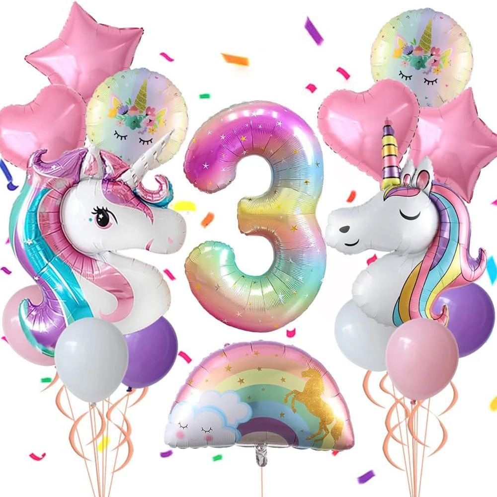 17pcs Rainbow Unicorn Theme Balloons Kit Large Unicorn Helium Balloon 40inch Rainbow Number 1-9 Girls Birthday Party Decorations