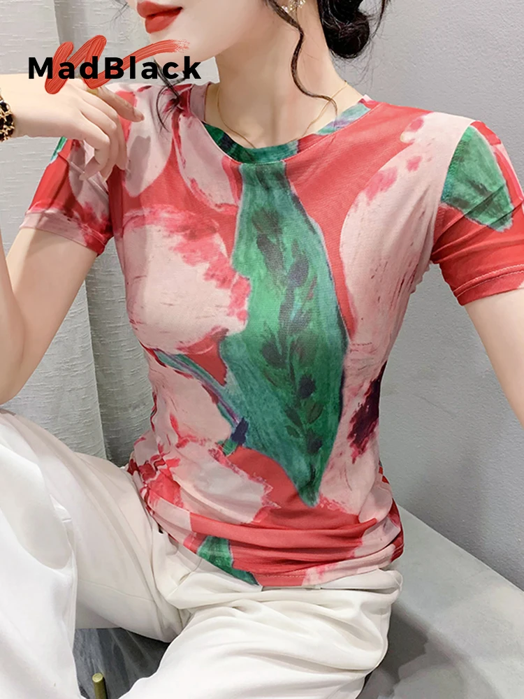 

MadBlack-Women's European T-Shirt, Sexy O Neck Rose Printed, Vintage Short Sleeve Slim M-3XL Mesh Tee, 2025 Summer New T53735CC