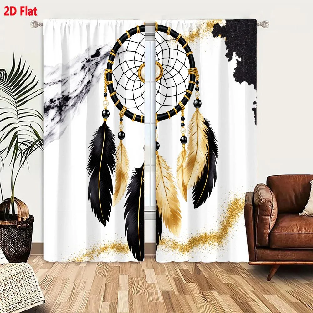 2Pcs Curtains 2D Flat Black And Gold Dreamcatcher With Black Beads Gold Accents Central White Pearl Intricate Black Web Black Go