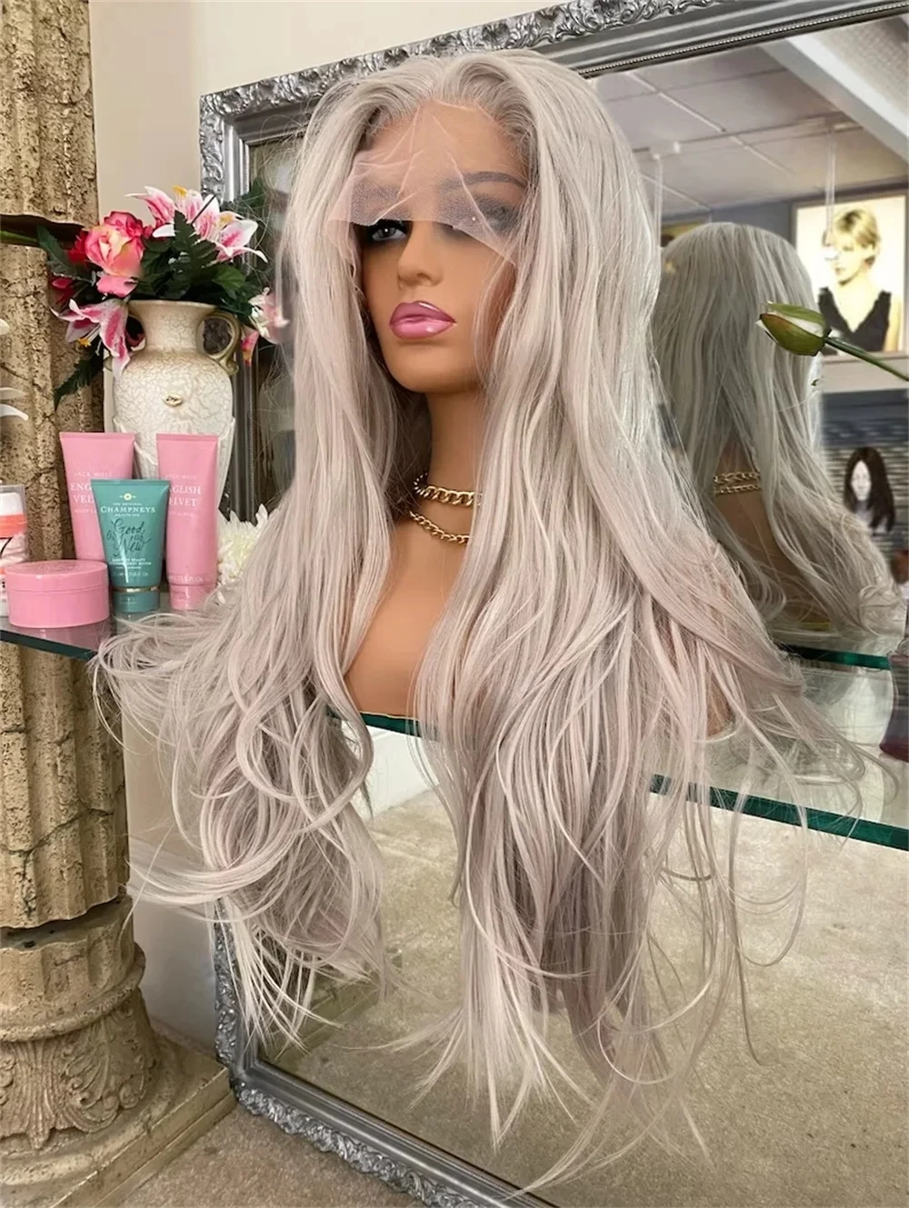 MXWIG Grey Blonde Synthetic Wig Long Hair Lace Front Wig For Women Heat Resistant Fiber Hair Daily Use Cosplay Wig