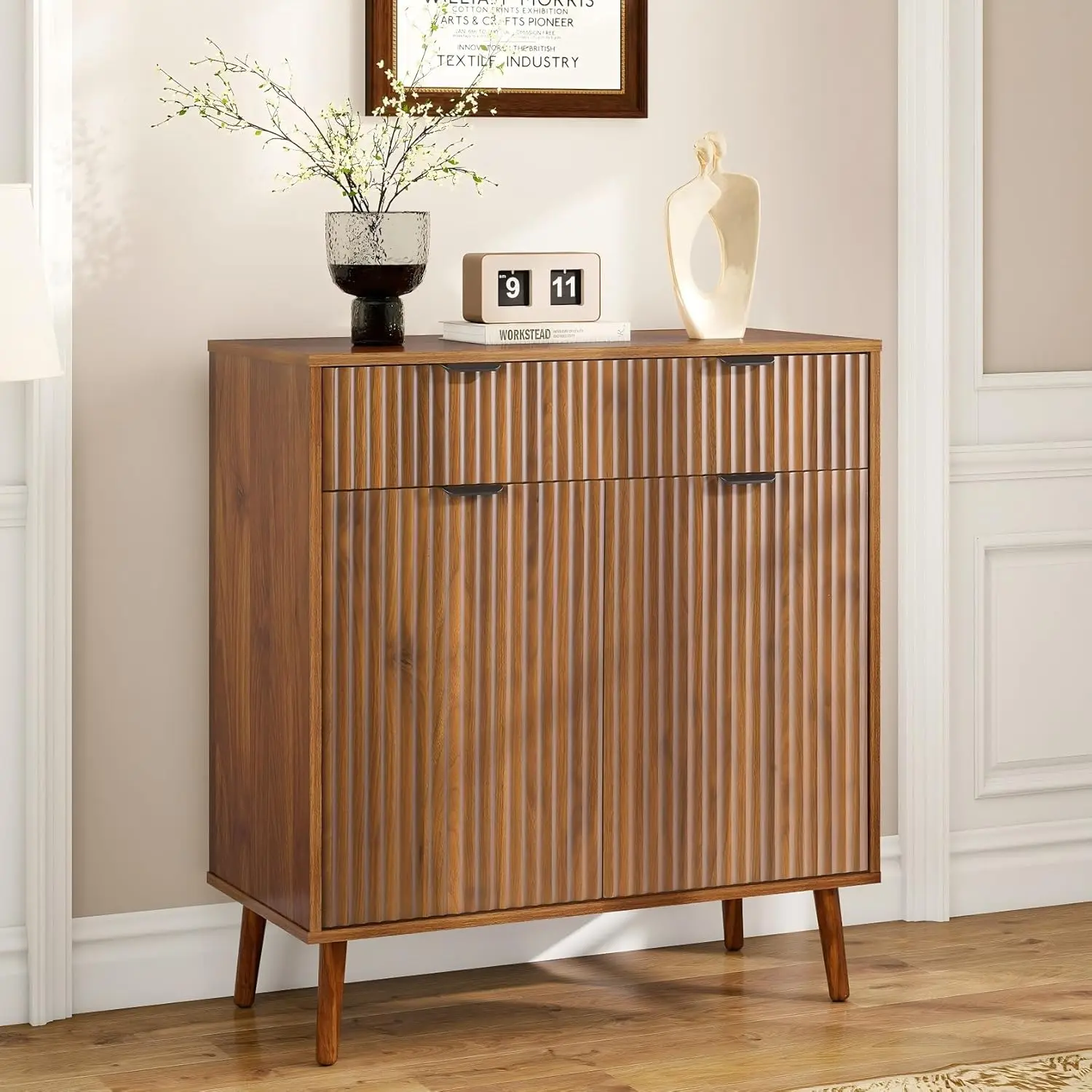

Fluted Sideboard Buffet Cabinet With Storage, 1 Drawers And 2 Doors,Solid Wood Feet For Kitchen, Hallway