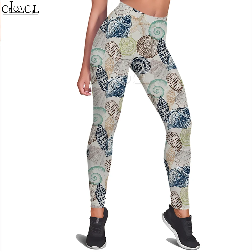 CLOOCL Women Legging Vintage Sea Shells Leaves Printed Trousers Female for Outdoor Lady Workout Push Up Elasticity Jogging Pants