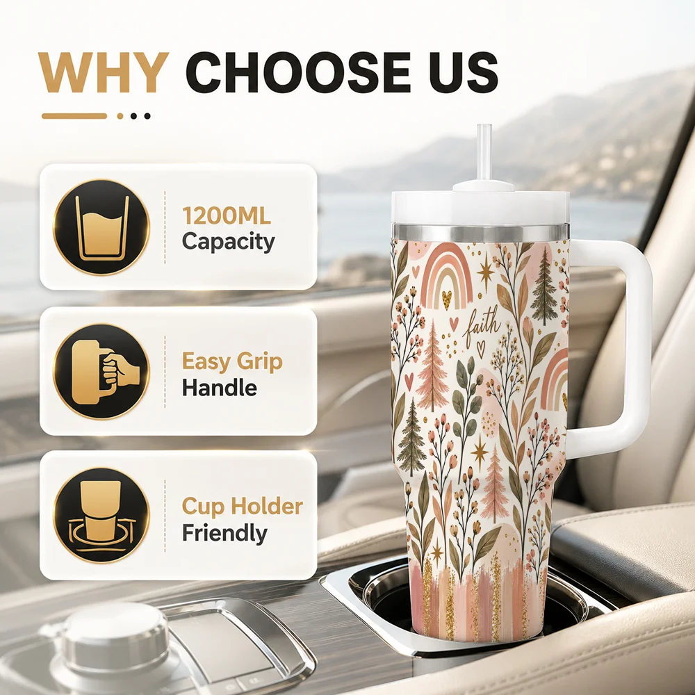 Boho Faith Women Vacuum Flasks 40oz Leakproof Steel Tumbler w/ Lid Straw Handle Hot Cold Drinks