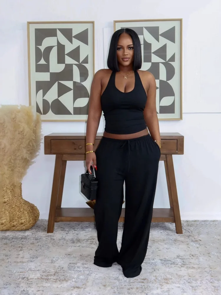 

Wmstar Set Women Wholesale Two Piece Summer Solid Color Casual Street Style Halter Top High Waisted Pocket Wide Leg Pants 2026