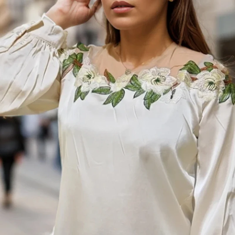 Elegant Mesh Patchwork Satin Blouse Spring Autumn Long Lantern Sleeve Women Clothes O-neck Tops Vintage Embroidered Shirt 24976