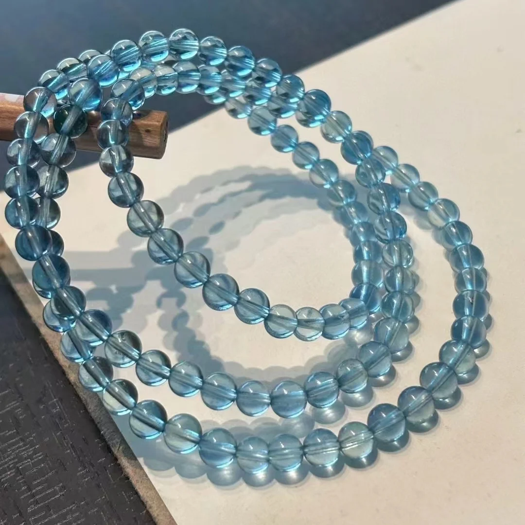 Natural Deep Blue Aquamarine Round Beads Bracelet 5.3mm 3 Laps Women Men Gift Fashion Brazil Deep Blue Aquamarine Jewelry AAAAA