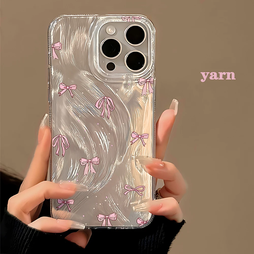 Laser Silver Bow knot Luxury Phone Case for Samsung Galaxy A73 A72 A55 A54 A53 A52 A34 A33 A32 A23 4G 5G Feather Texture Hard