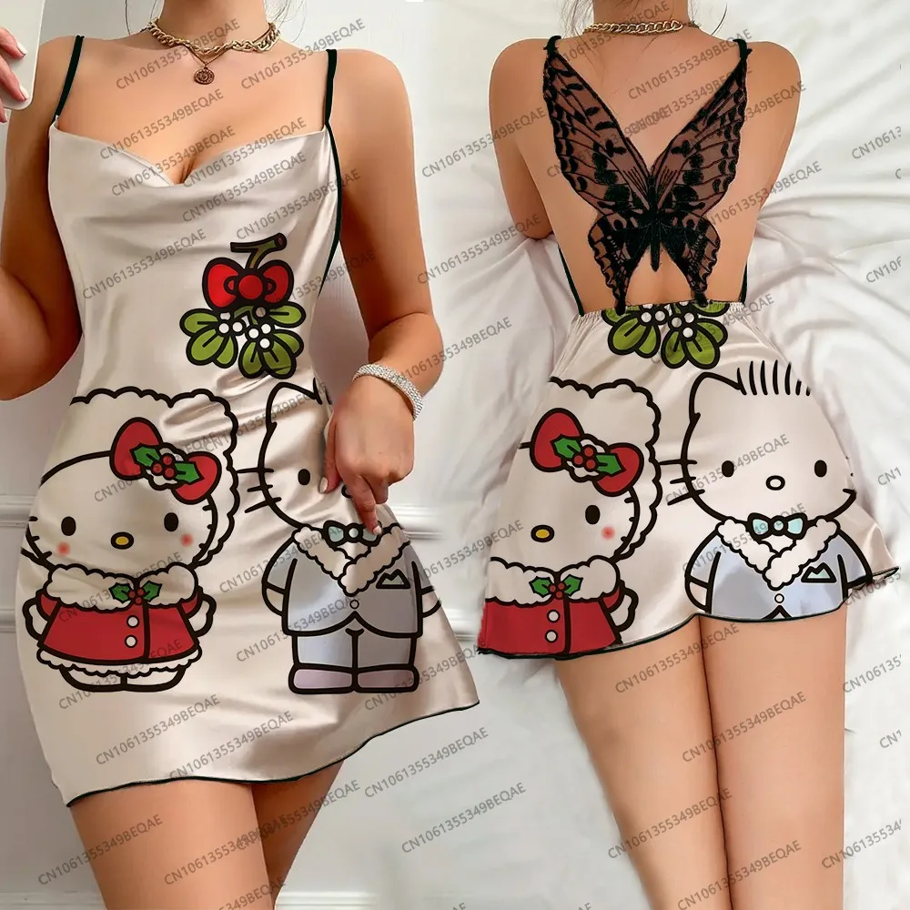 Vestido feminino moderno com suspensório de renda, estampa hello kitty, costas nuas, borda plissada, camisola de verão, confortável, sem mangas, roupa de dormir