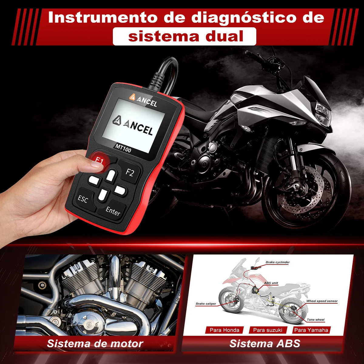 ANCEL MT100 Motorcycle Diagnostic Scanner Code Reader Engine ABS Systems for Honda Suzuki Yamaha with OBD2 Functions