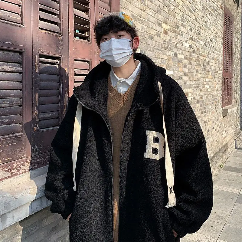 New letter B lamb cashmere cotton coat y2k men and women\'s autumn and winter fashion brand loose hooded thickened warm coat