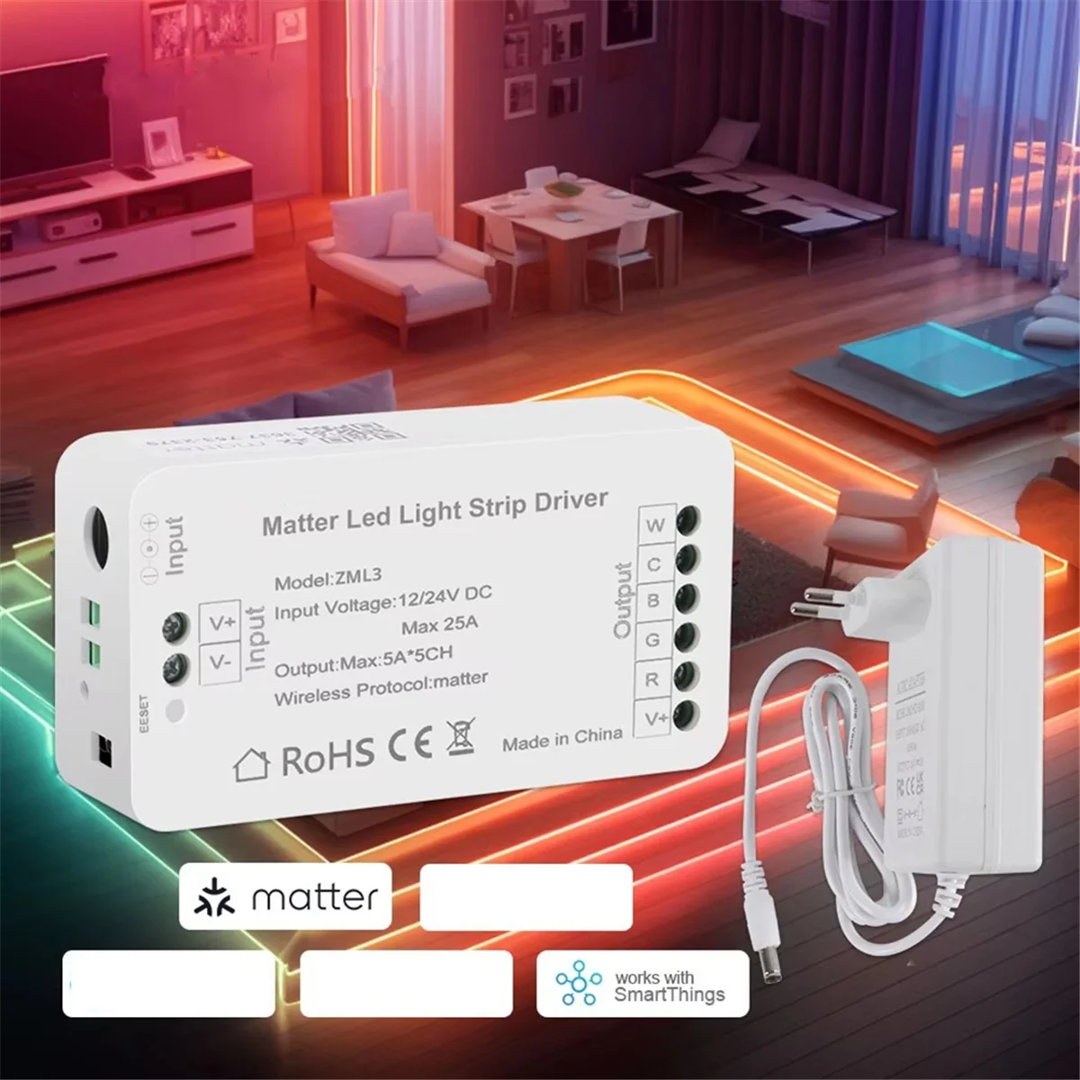 

Контроллер светодиодной ленты BAAQ Matter через Wi-Fi, RGBCW, умный светодиодный драйвер, работает для вилки европейского стандарта