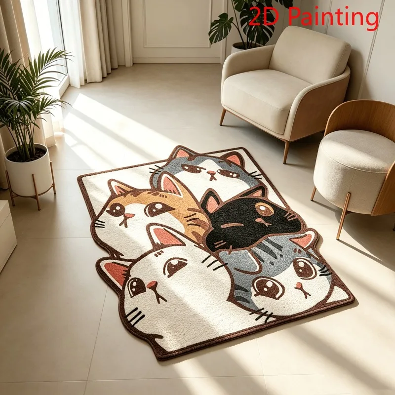 VIKAMA Cute Cartoon Cats Shaped Area Rug Kawaii Kitten Animal Print Non‑Slip Washable Soft Carpet Kids Bedroom Living Room Decor