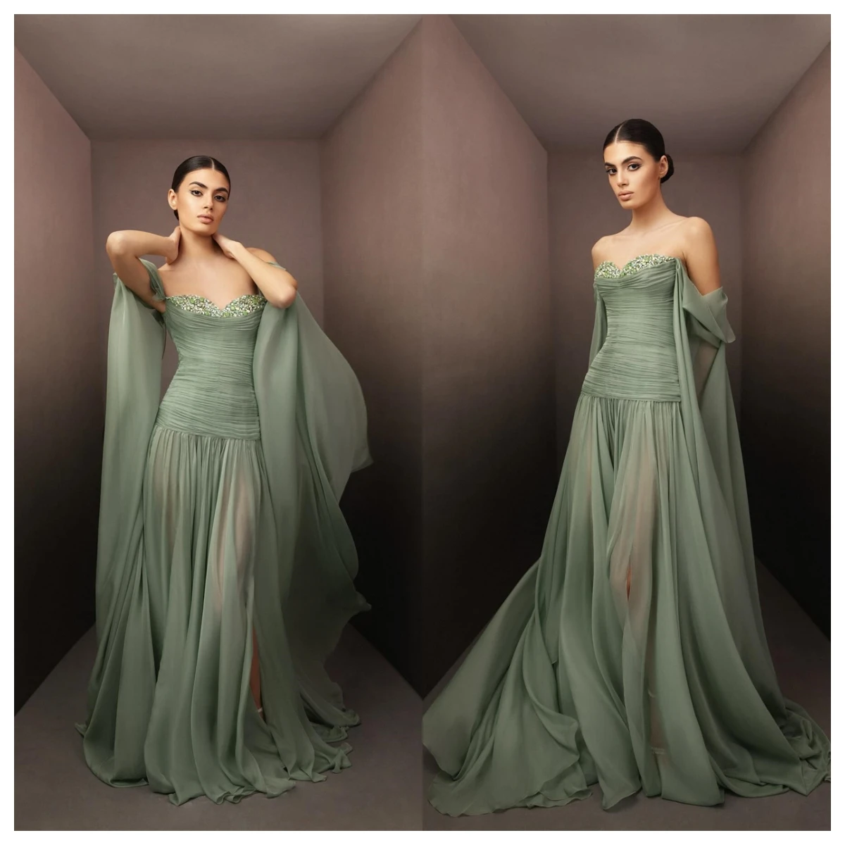 

Customized Luxury Green Chiffon Evening Dress Strapless Off the ShoulderLong Sleeves Vestido De Festa Bridal Party Cry