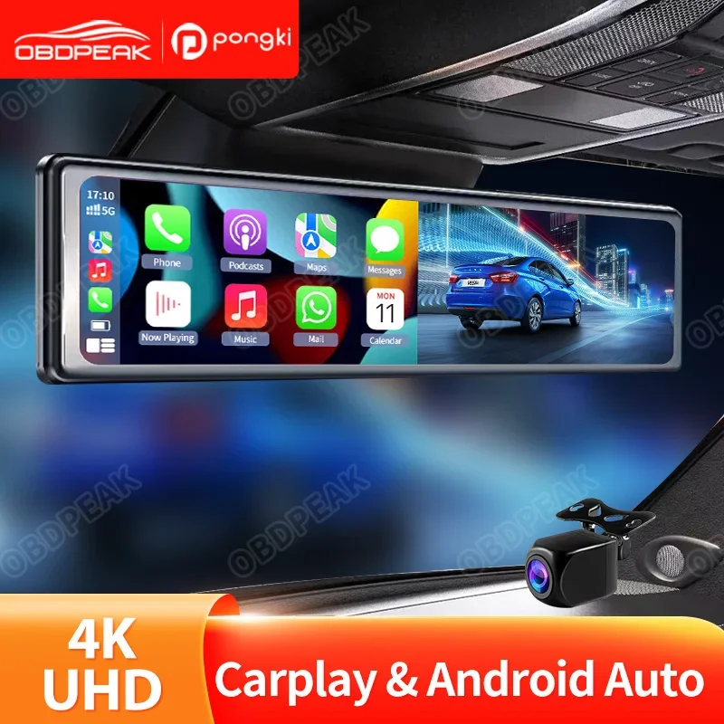 

Carplay 4K Mirror Dash Cam WIFI Android Auto Voice Control BT FM 11 In Dual Lens View Camera HD Reverse Imag