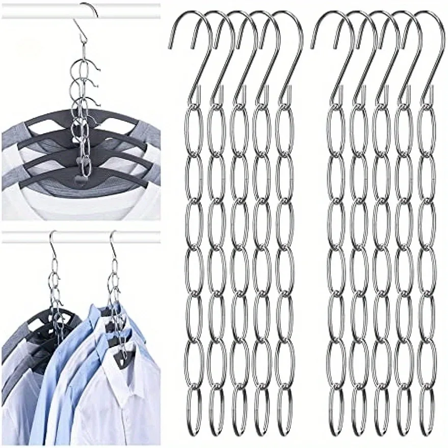 Multiple hook efficient storage chain hooks, space-saving storage rack, wardrobe accessories, clothing organization and storage