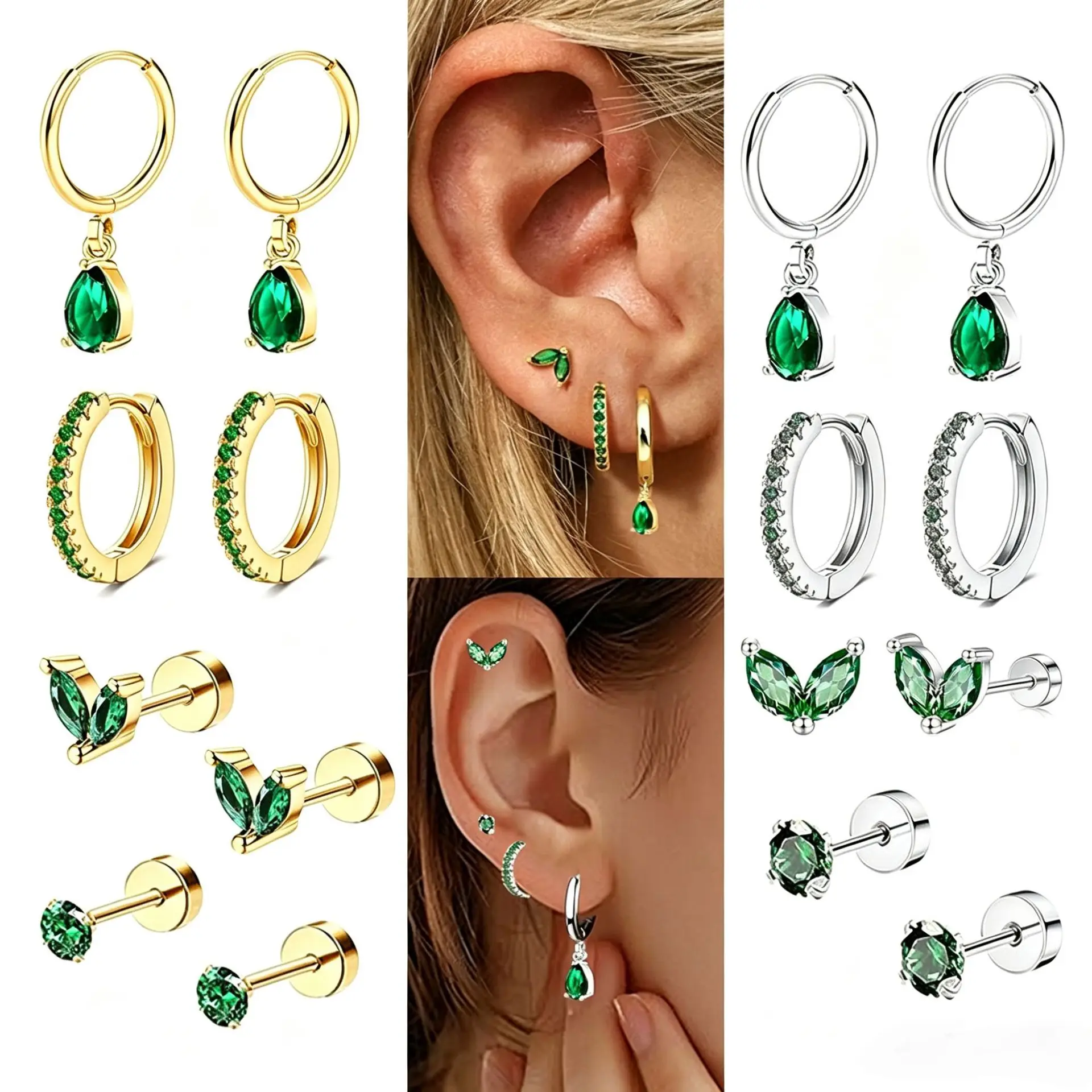 Stainless Steel CZ Cartilage Earrings Set Multi-piece Gold Tone Studs Hoops Dangles Stackable Daily Niche Piercing Jewelr