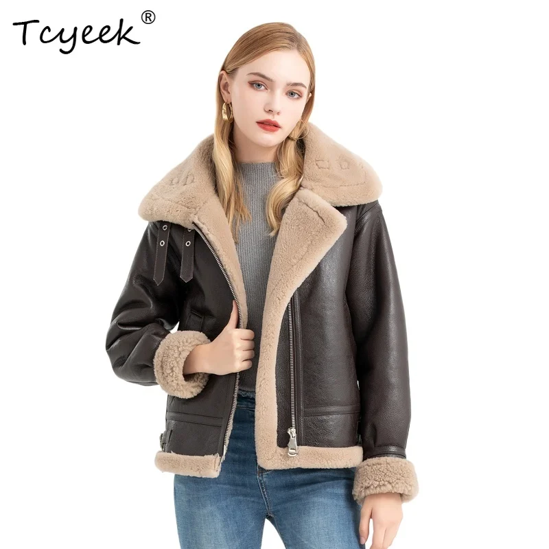 Tcyeek Genuine Sheepskin Autumn Winter High End Trendy Short Square Collar Women's Wool Shearing Fur Coat Fourrures Femme