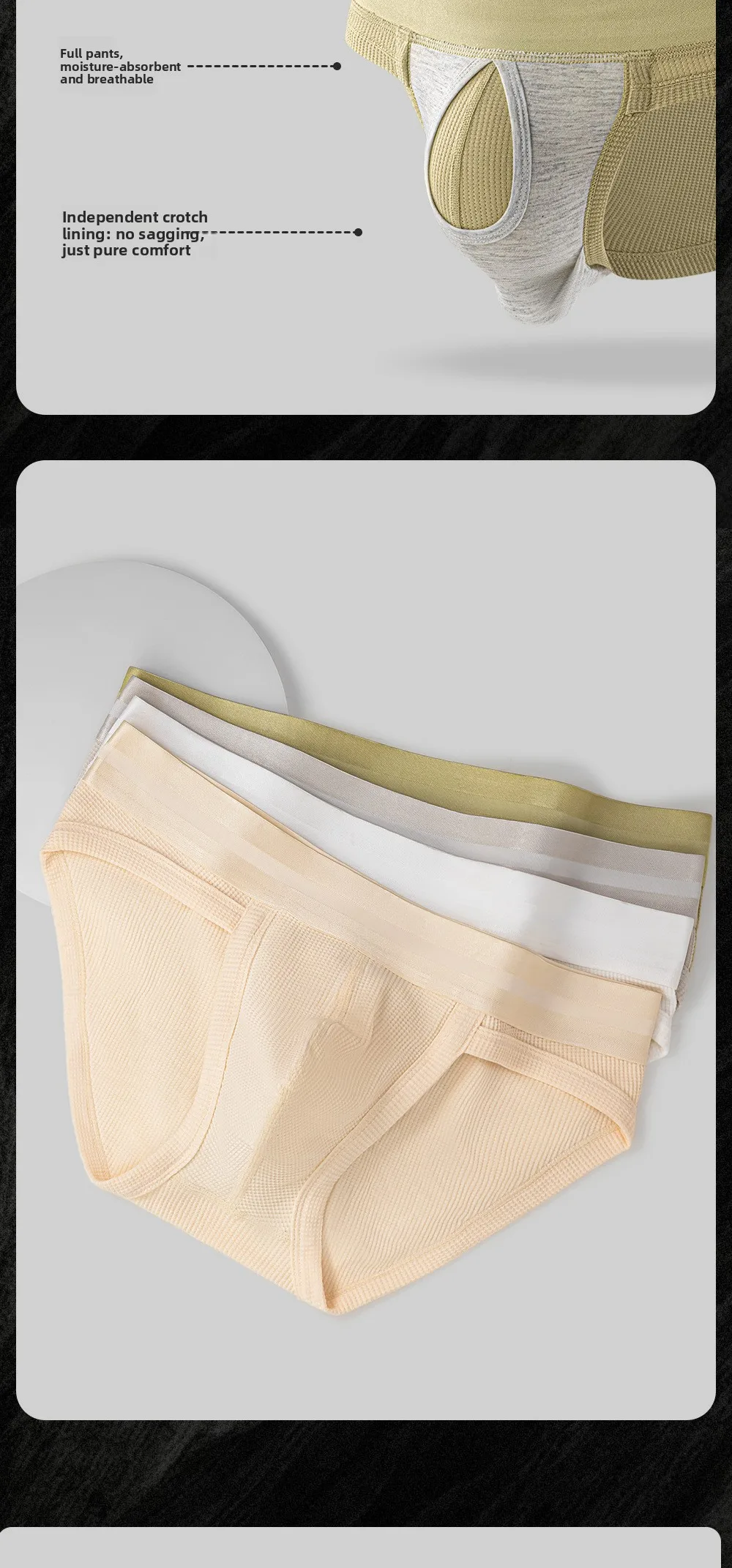 3pcs Sexy Men Waffle Cotton Briefs with Raised Bag Support Pouch With Hole U Spacious Separate Crotch Breathable Anti-sweat