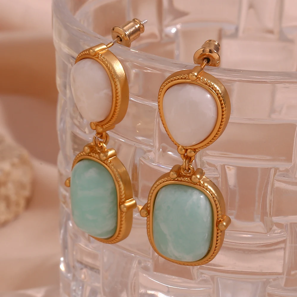 E B belle Official Store Natural Stone White Jade Amazonite Drop Earrings Stainless Steel Waterproof Golden Gemstone Earring