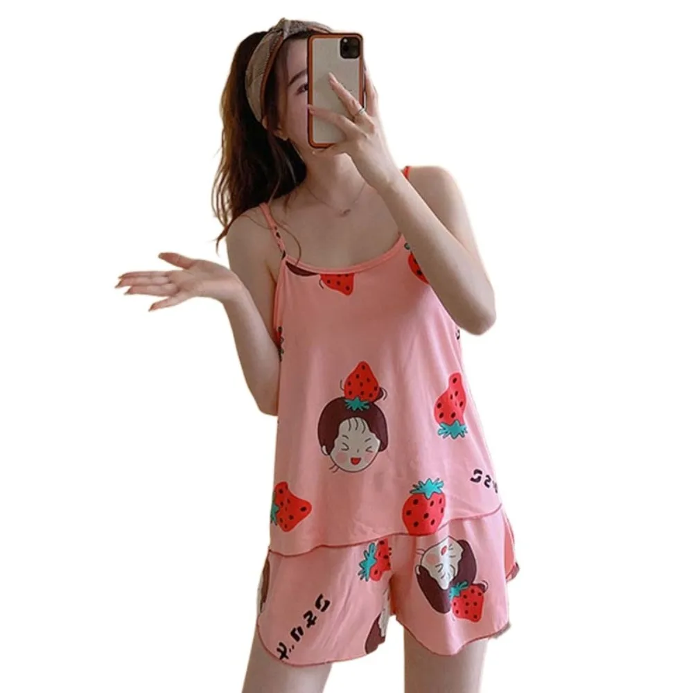 

Cute Round Neck Camisole Shorts Nightwear Strawberry Summer Sleeveless Pajamas Women Carrot Loose Sweet Sleepwear Set Summer