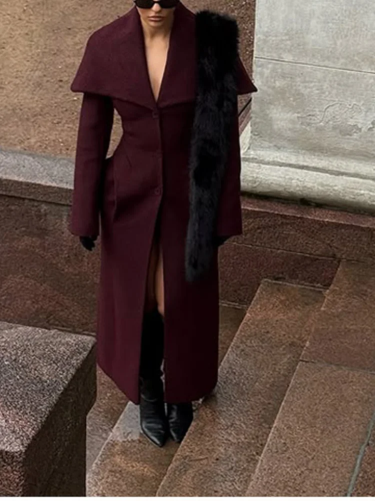 المرأة أنيقة التلبيب معطف الصوف الصلبة واحدة الصدر الخصر Cinching ضئيلة معطف طويل سيدة الخريف الشتاء تخفيف ملابس خارجية