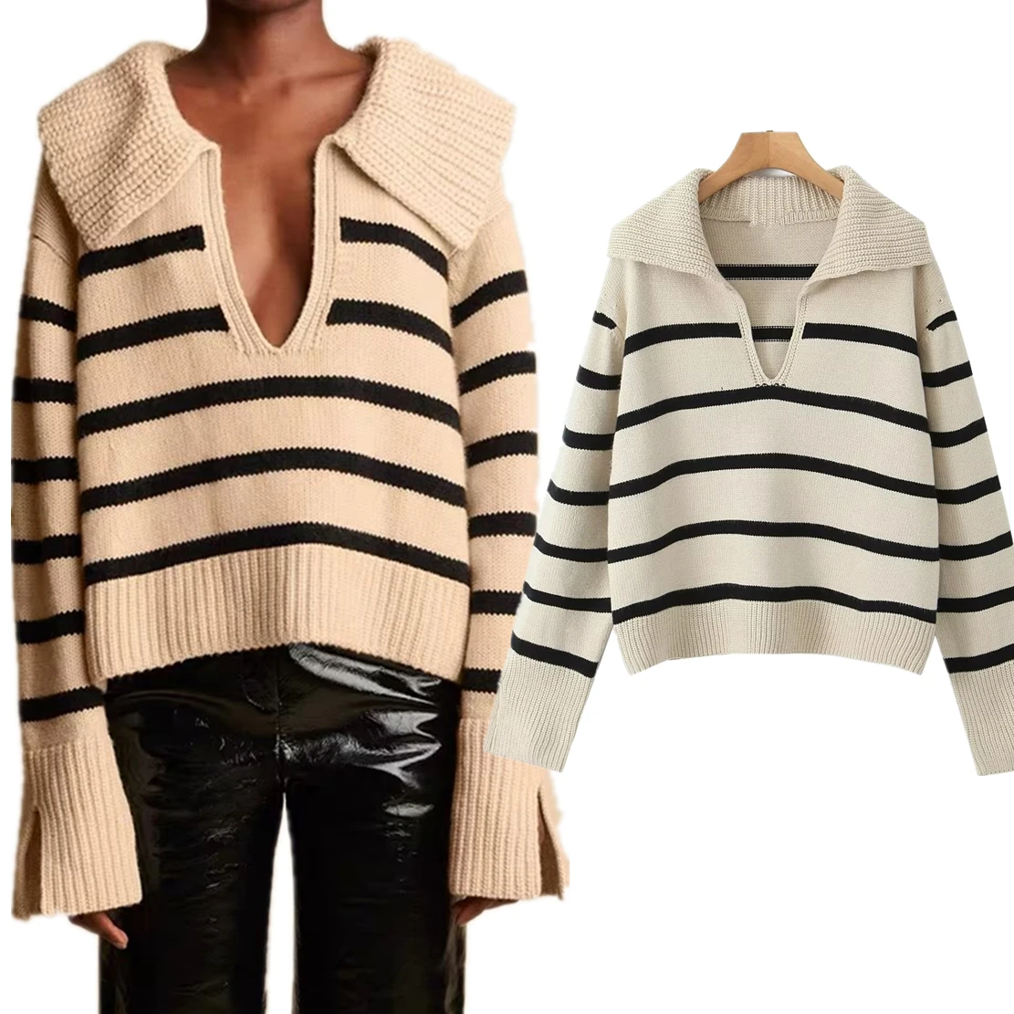 

Dave&Di French Country Style Boyfriend Retro Striped Loose Sweater Lapel Casual Knitwear Women For Winter