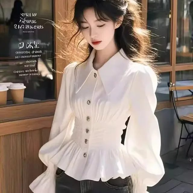 Camisa Feminina Elegante de Cintura Justa Estilo Francês Primavera Verão 2026, Blusa de Manga Longa para Escritório, Camisa Branca