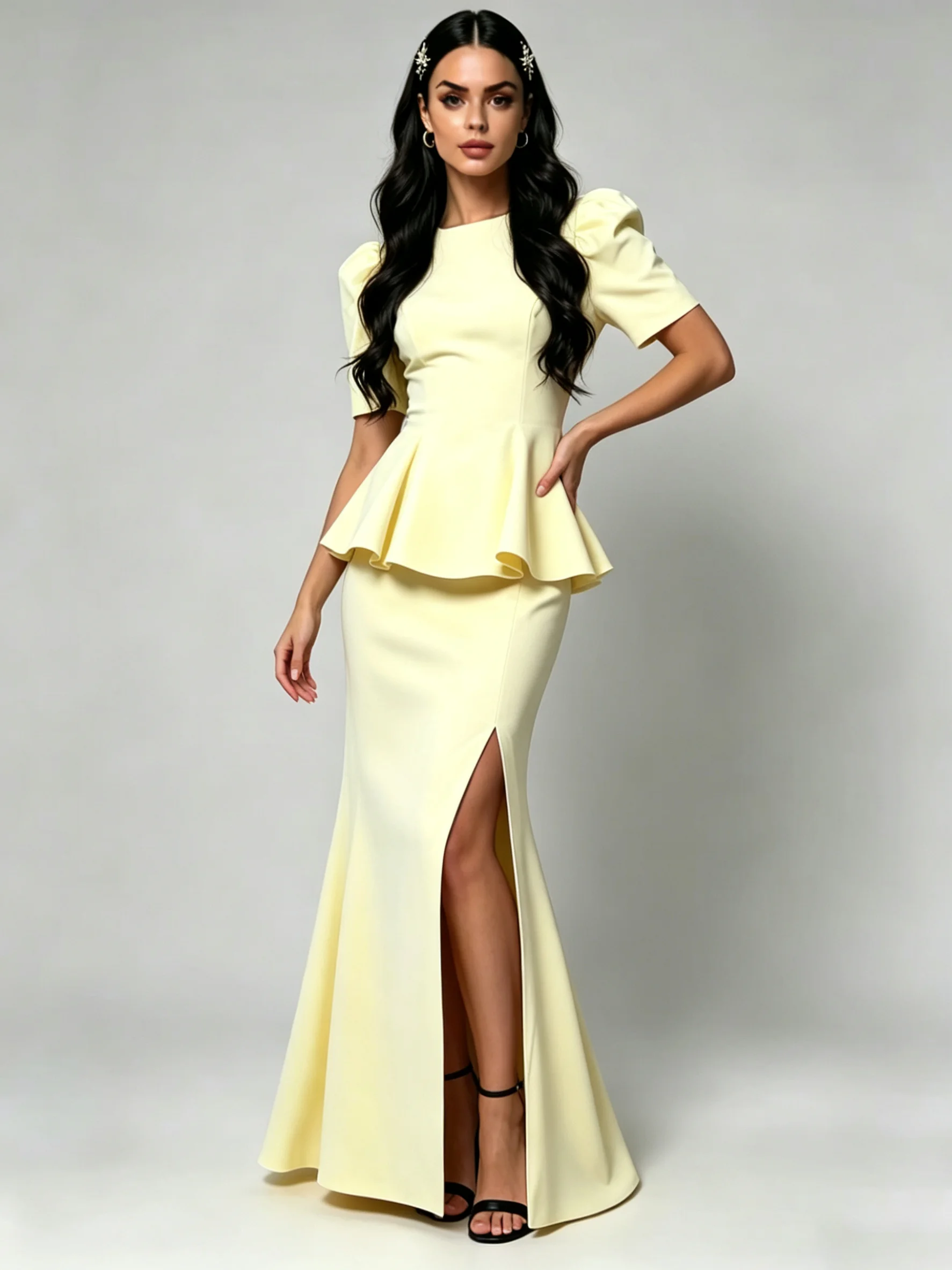 

LIMO Elegant Peplum 2 Piece Outfit Puff Sleeve Top Split Mermaid Maxi Skirt Formal Evening Dress Set