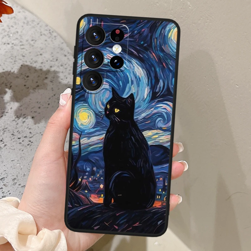 Art Starry Sky Cat For Samsung M62 M52 M33 M32 M31 M30 M23 M22 M21 Note 20 10 Ultra Plus Black Phone Case